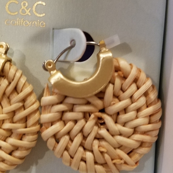 Beachy Round Gold Tone Wicker Earrings - Picture 3 of 4